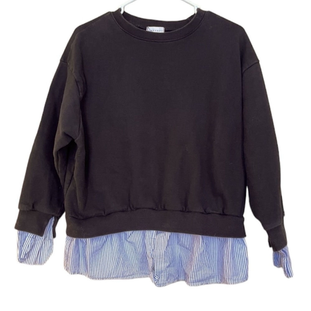 May.J | Black Mixed Media Sweatshirt with Striped Shirting detail, Petite Medium